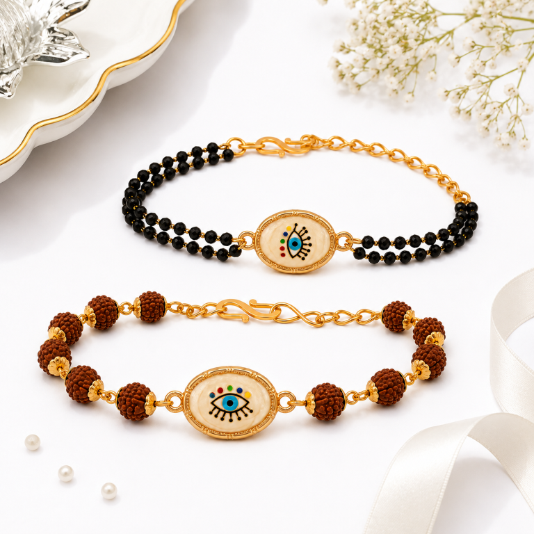 Bhai Bhabhi Rakhi Set | Evil Eye Rakhi & Rudraksha Lumba Bracelet