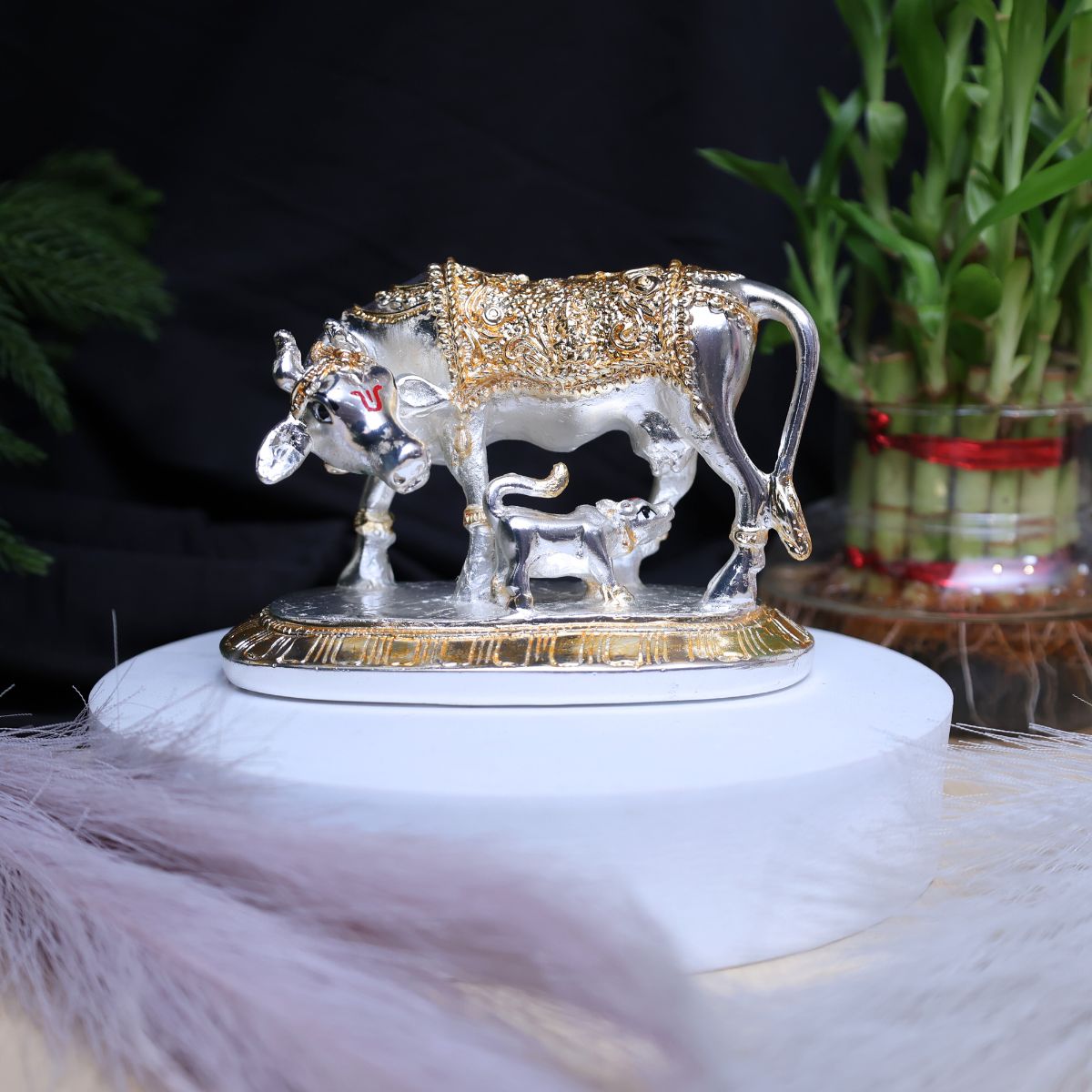 Kamdhenu Silver Plated Hindu Cow & Calf Idol, Gold Detailed Religious Statue, Decorative Showpiece for Home Temple, Office, Spiritual Gift - image 2
