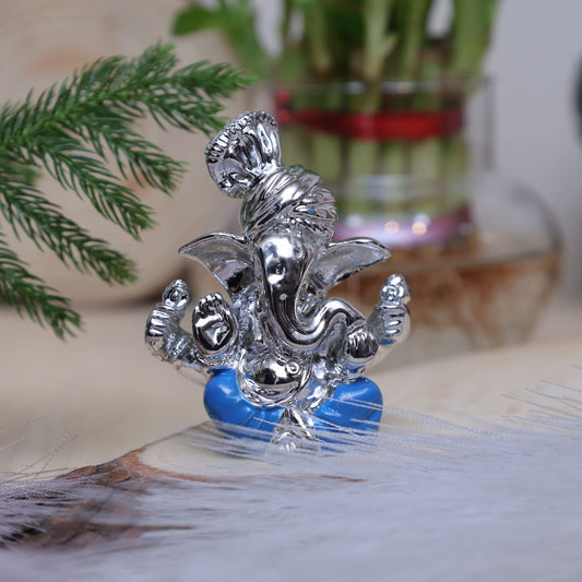 NOMTL Silver Finish Ganpati Idol with Blue Dhoti, Mini Decorative Ganesha Murti for Home Temple, Car Dashboard, Office Desk