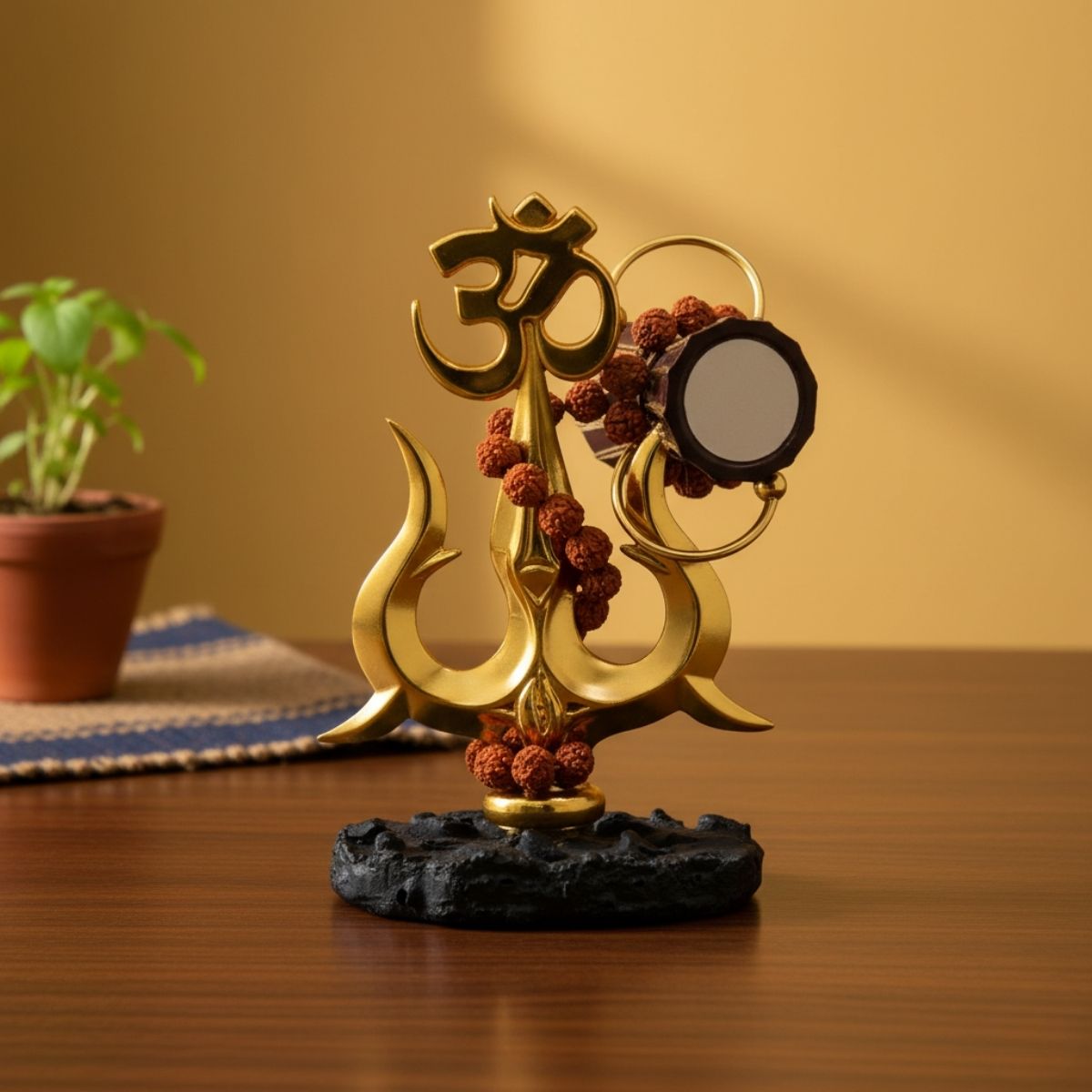 tiny shiny Traditional Trishul with Damru Decorative Showpiece Statue for Car Dashboard, Pooja, Home & Office Decor | Shiva Trishul Idol for Mandir, Black & Gold, Resin