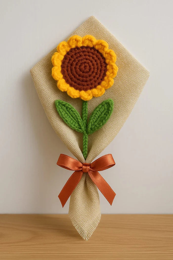 Crochet Sunflower Bouquet, Single-Stem with Decorative Ribbon, Yellow and Brown - Best Gift Birthday Anniversary Love Friendship
