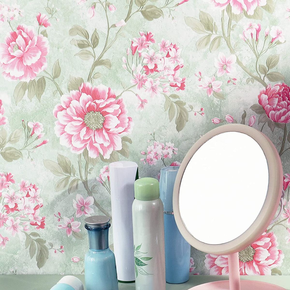 Removable Pink Flower with Leaves Pattern Wallpaper