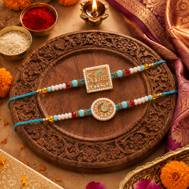 Set of 2 Radha Krishna Rakhi Set for Brother & Bhavi, Multicolor