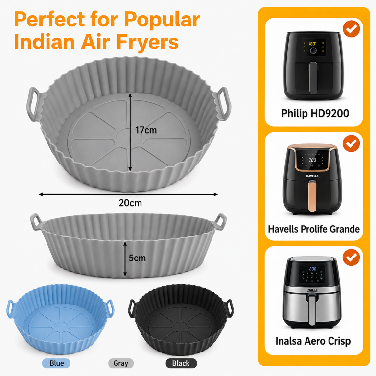Air Fryer Liners I Round Silicone Basket Baking Tray I Pot with Ear Handles I Nonstick Reusable Heat Resistant I Cooking Oven Insert Accessories - Multicolor (Pack of 3)