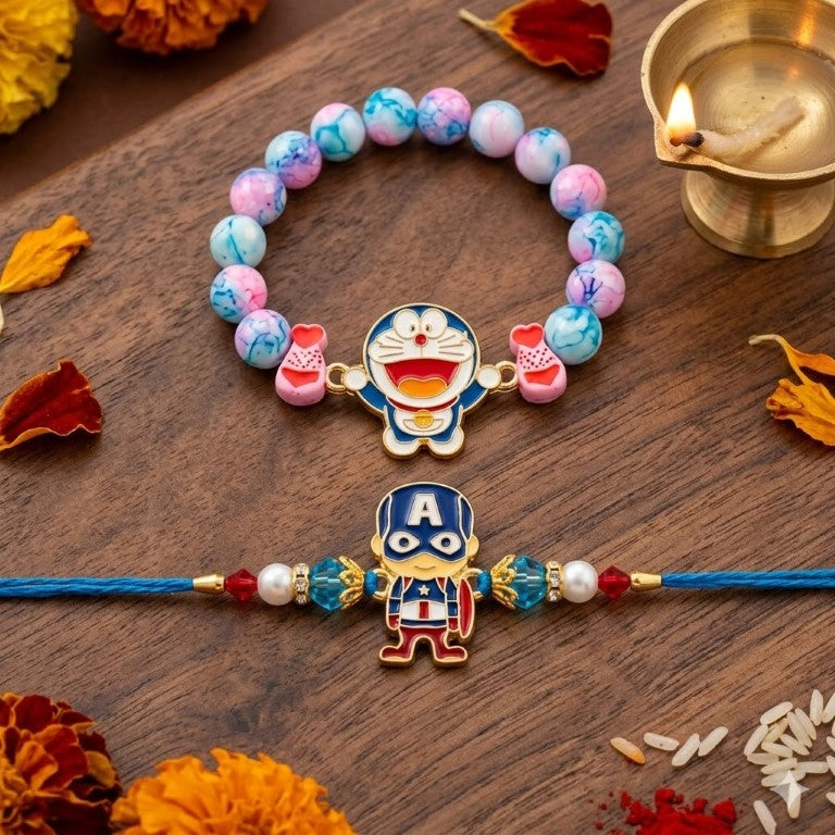 Doraemon & Captain Bracelet Bro Kids Rakhi Set of 2 Designer Rakhi for Brother