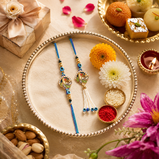 Designer Peacock Rakhi Set of 2 | Evil Eye Rakhi for Brother