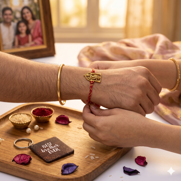 Rakhi Gift Set Brother with Tirupati Ram Lalla Rakhi, Roli Chawa, Sipra, Key Chain and chocolate box