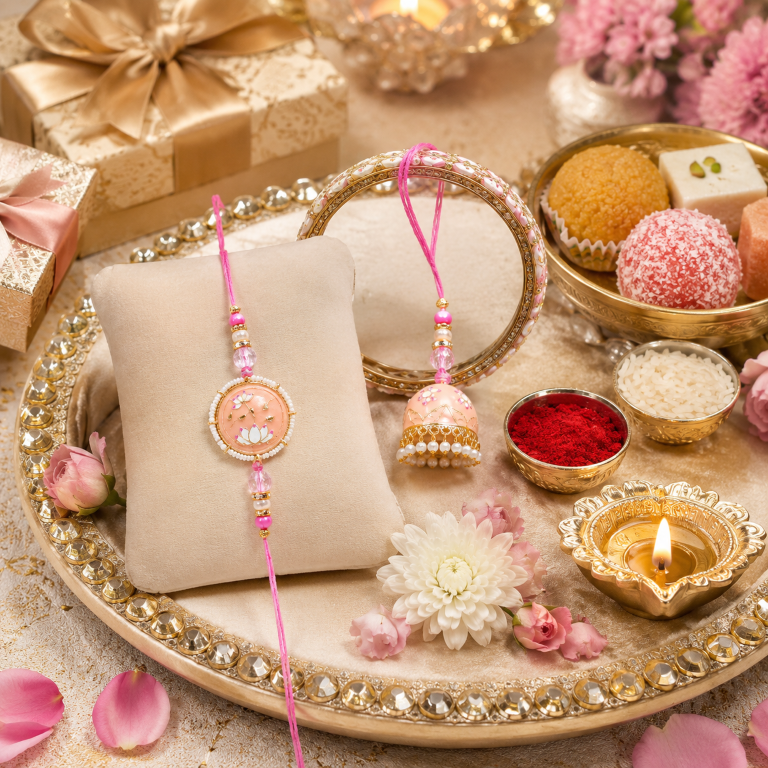 Bhai Bhabhi Rakhi Set | Pink Floral Rakhi with Designer Jhumki Lumba
