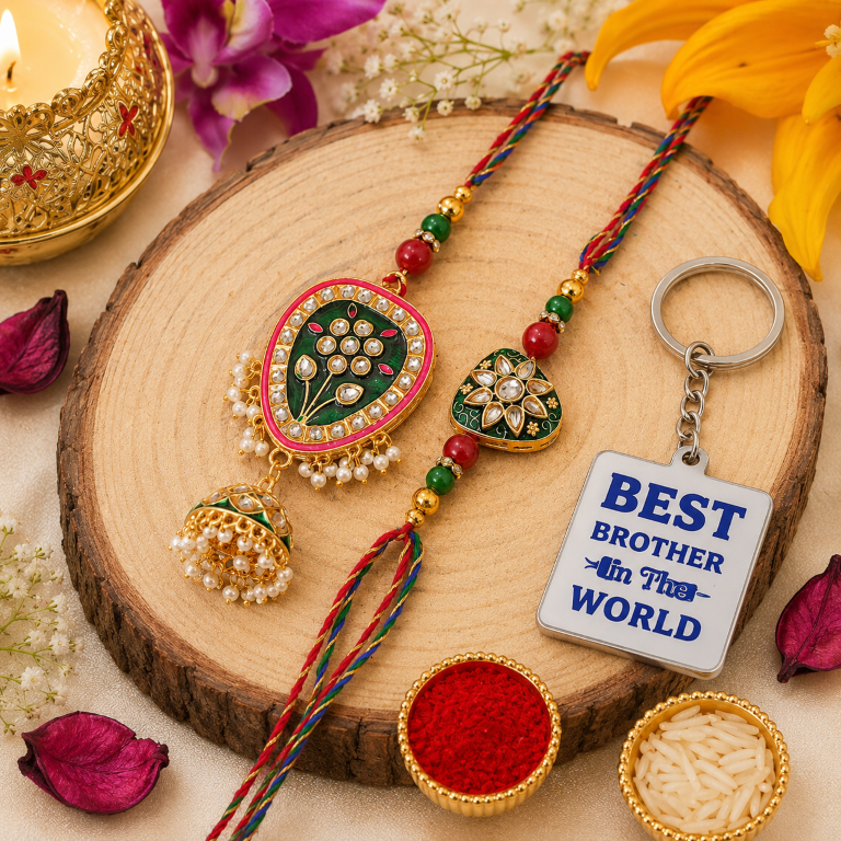 Bhai Bhabhi Rakhi Set | Green Floral Rakhi with Designer Jhumki Lumba