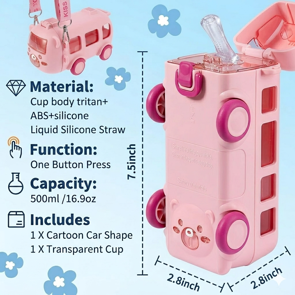 Bus Water Bottle For Kids With Strap, Sipper, & Straw | Leakproof, Bpa Free With Lock, 500 Ml | Tritan Water Bottle For School Kids | Cute Bus Shaped Water| (PINK-COLOR)