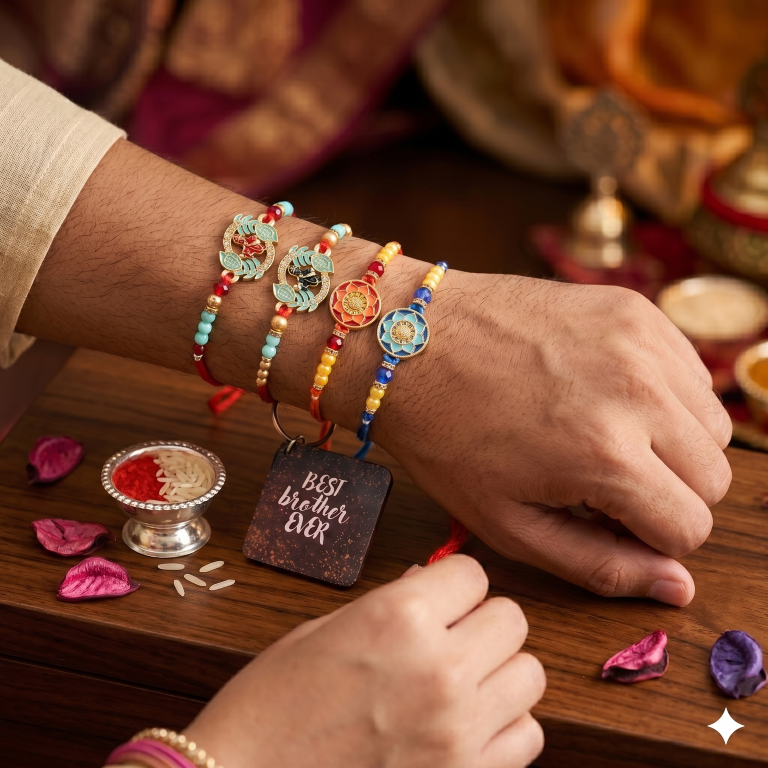 Rakhi Gift Set with 4 Radha Krishna Rakhi Set, Roli Chawa, Sipra, Key Chain and chocolate box