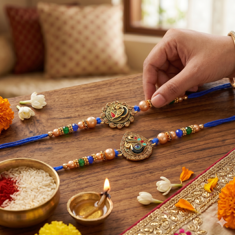 Set of 2 Swan & Peacock Rakhi Set for Brother, Bhai, Multicolor