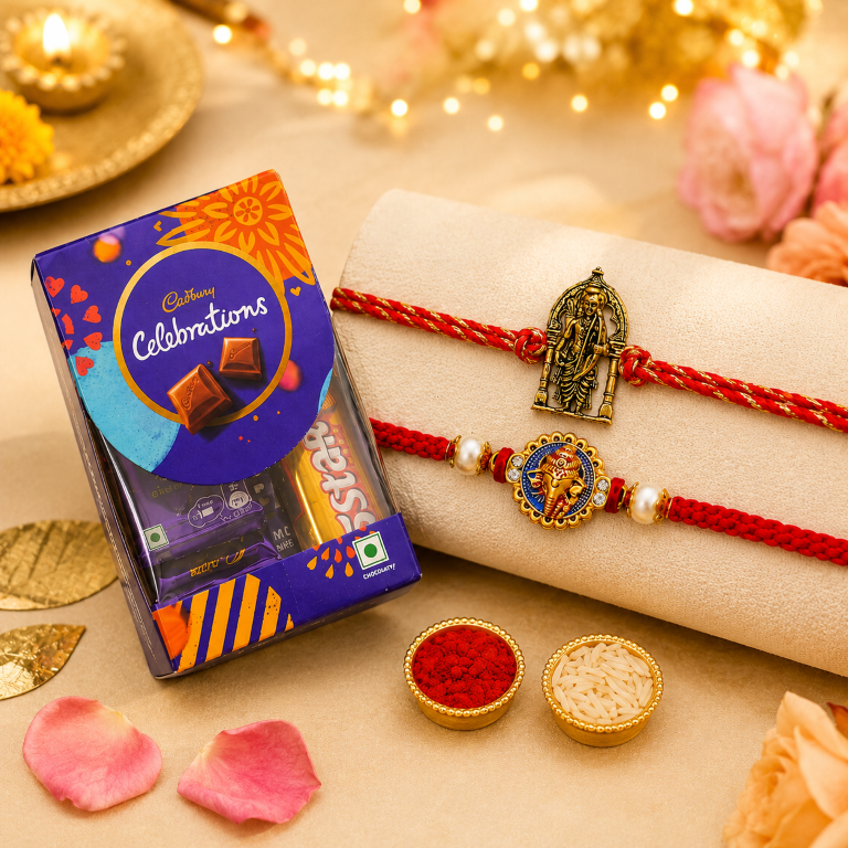 Rakhi Gift Set with 2 Divine Ram Lalla Rakhi Set, Roli Chawa, Sipra, Key Chain and chocolate box