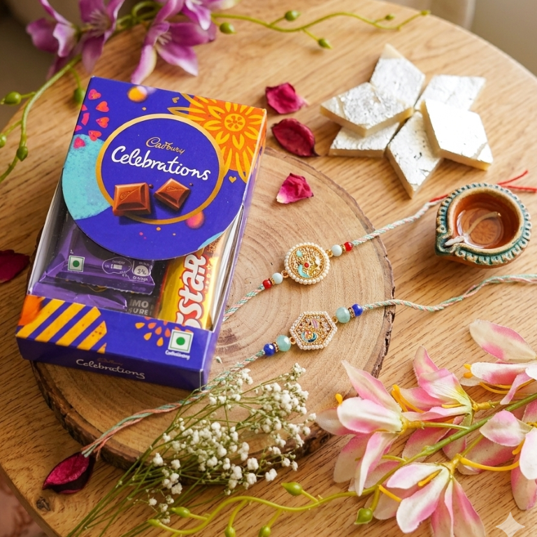Rakhi Gift Set with 2 Pastel Bird Designer Rakhi Set, Roli Chawa, Sipra, Key Chain and chocolate box