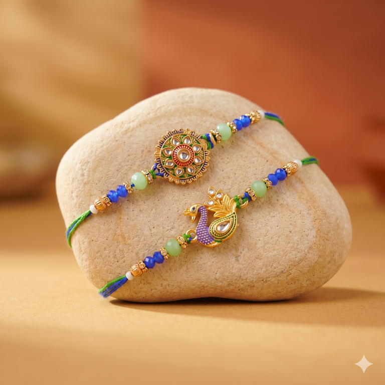 Rakhi Gift Set with 2 Mandala & Peacock Rakhi Set, Roli Chawa, Sipra, Key Chain and chocolate box