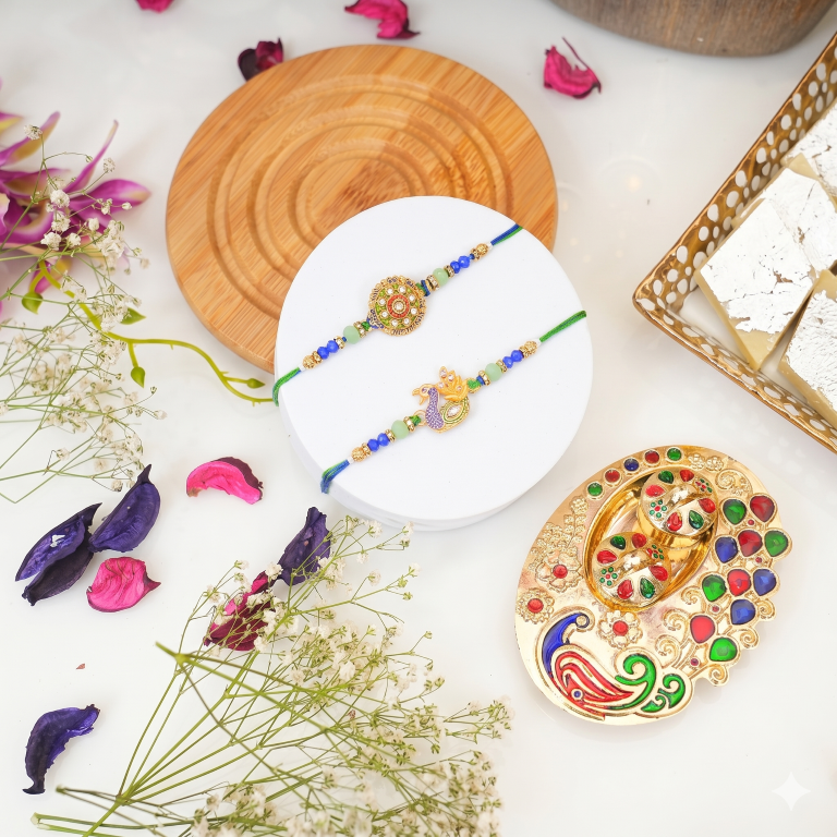 Rakhi Gift Set with 2 Mandala & Peacock Rakhi Set, Roli Chawa, Sipra, Key Chain and chocolate box