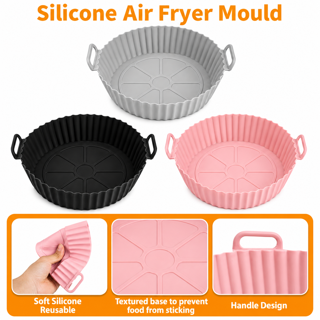 Air Fryer Liners I Round Silicone Basket Baking Tray I Pot with Ear Handles I Nonstick Reusable Heat Resistant I Cooking Oven Insert Accessories - Multicolor (Pack of 3)