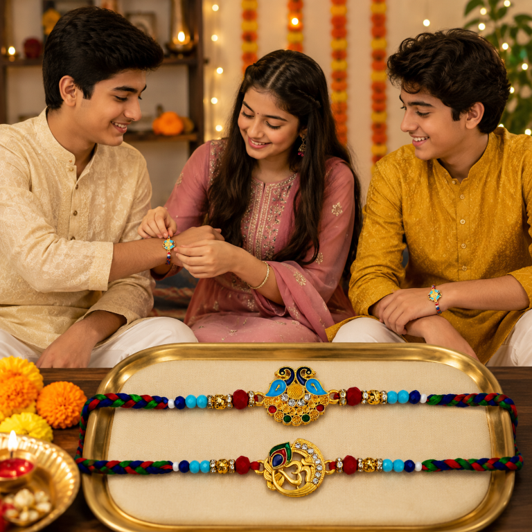 Rakhi Gift Set with 2 Peacock & Om Rakhi Set, Roli Chawa, Sipra, Key Chain and chocolate box