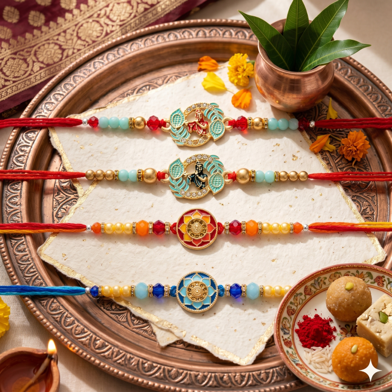 Rakhi Gift Set with 4 Radha Krishna Rakhi Set, Roli Chawa, Sipra, Key Chain and chocolate box