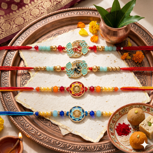 Rakhi Gift Set with 4 Radha Krishna Rakhi Set, Roli Chawa, Sipra, Key Chain and chocolate box