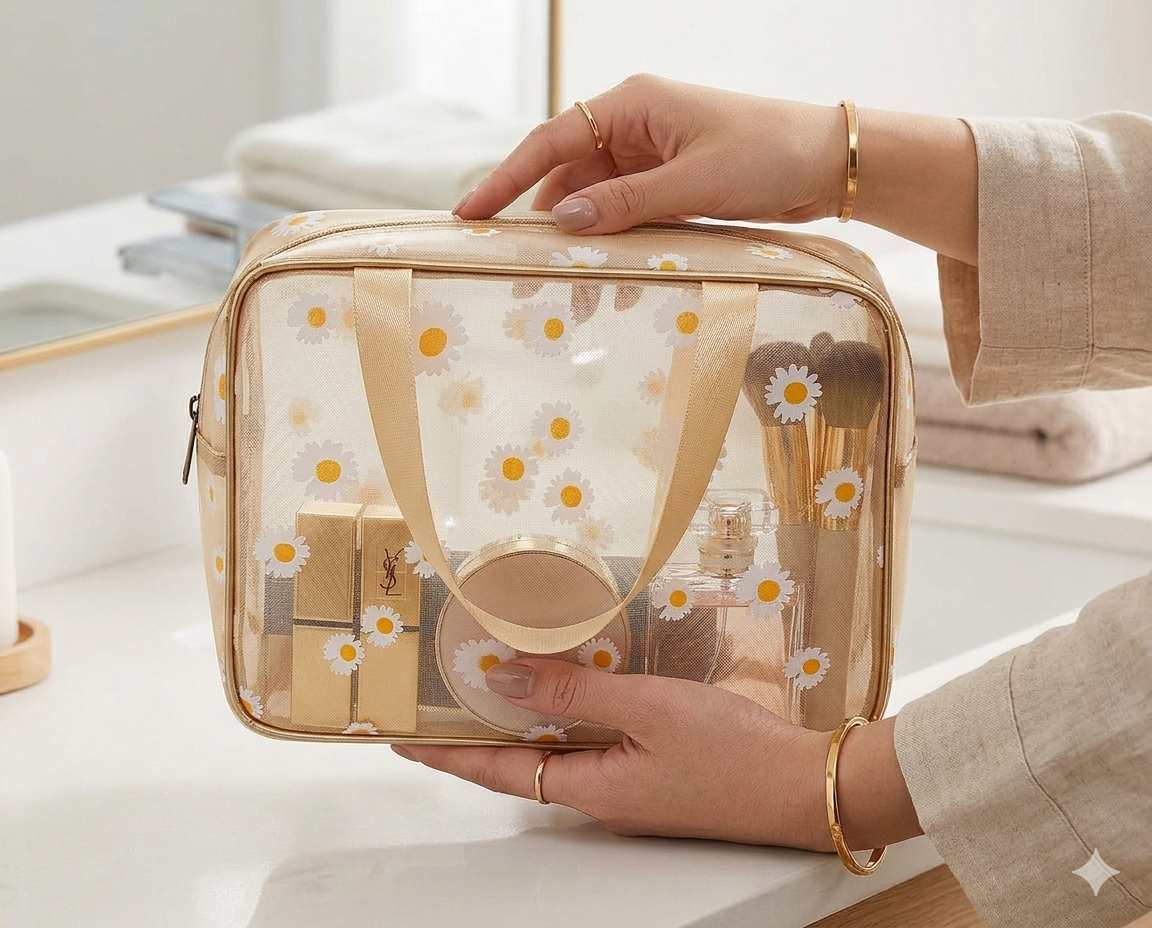 Tiny Shiny Transparent Cosmetic Makeup Bag —  Waterproof Travel Toiletry Organizer with Zipper