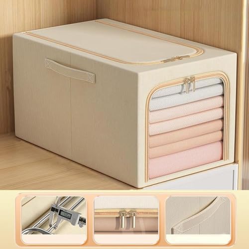 Tiny Shiny Clothes Storage Bin with Metal Frame  and Handle — 56 Litre Quilt Organizer Box | Beige