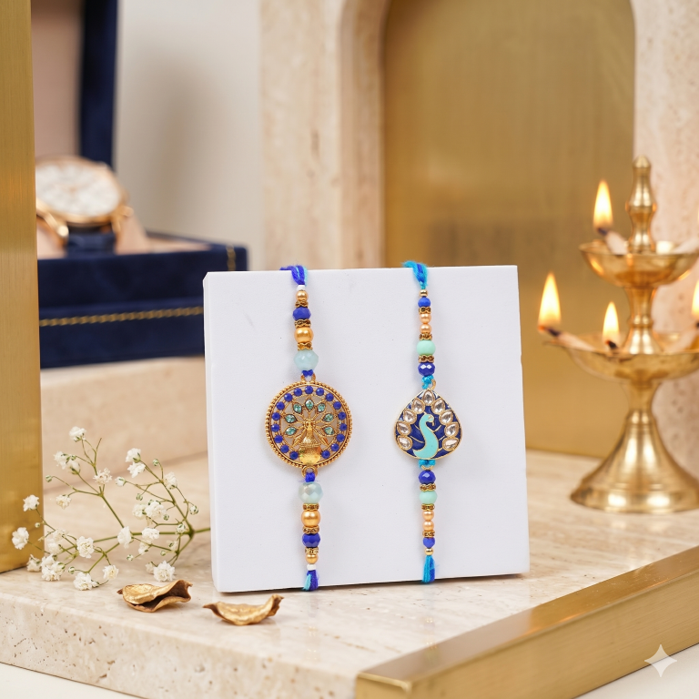Set of 2 Royal Mandala & Peacock Rakhi Set for Brother & Bhavi, Multicolor