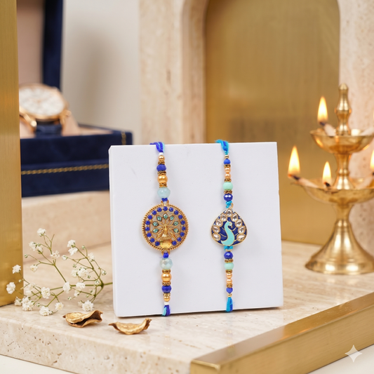 Set of 2 Royal Mandala & Peacock Rakhi Set for Brother & Bhavi, Multicolor