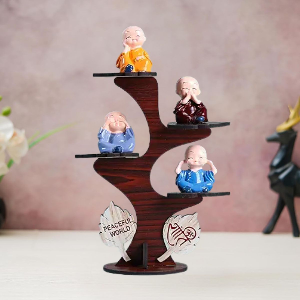 Set of 4 Adorable Buddha Monk Figurines with Wooden Stand