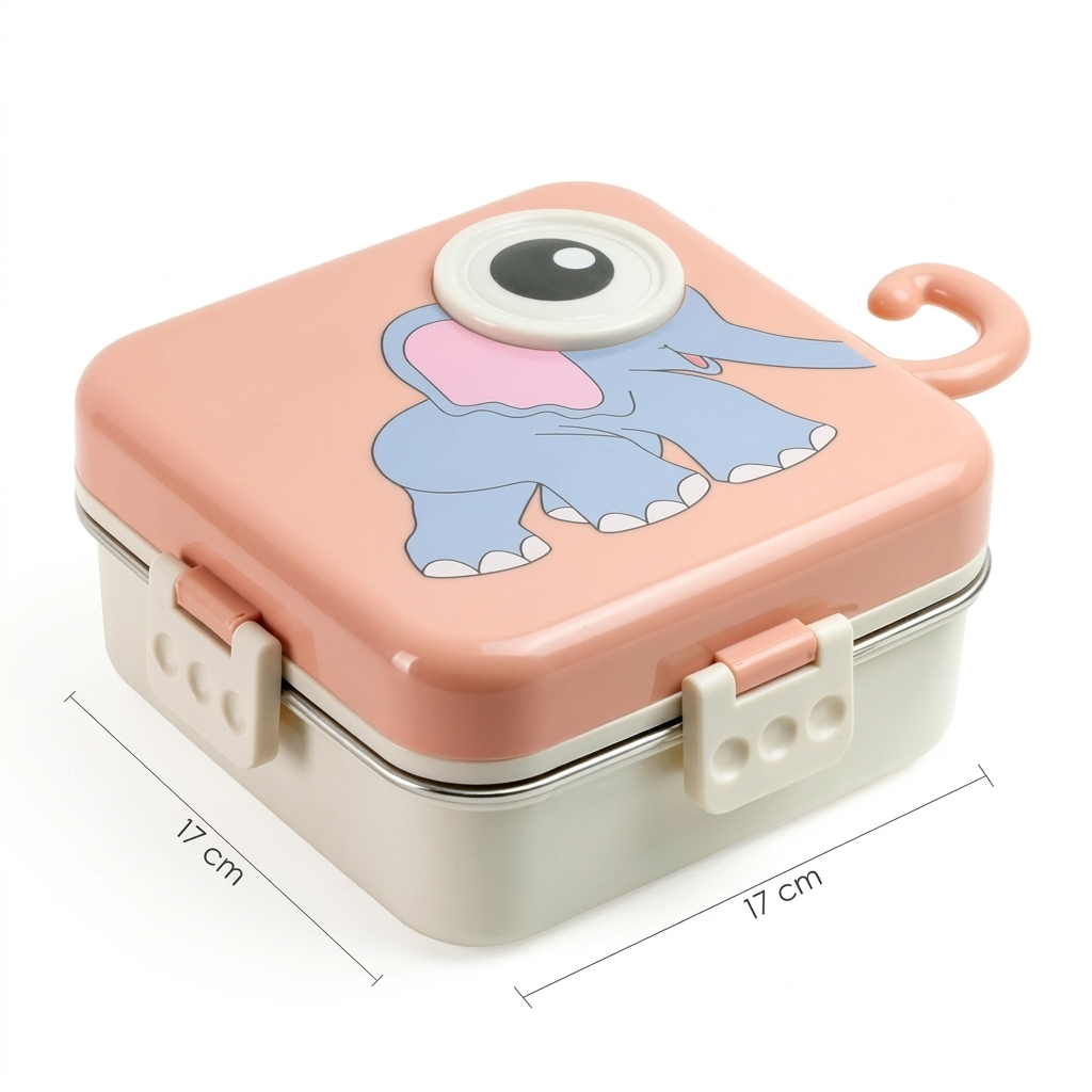 Cute Elephant Bento Lunch Box for Kids | 3 Compartment Leak-Proof BPA-Free Tiffin | Cartoon Elephant Design with Airtight Lid & Lock Clips | School, Travel & Picnic Lunch Container | Lunchbox (1120ml + 70ml) (Pink)