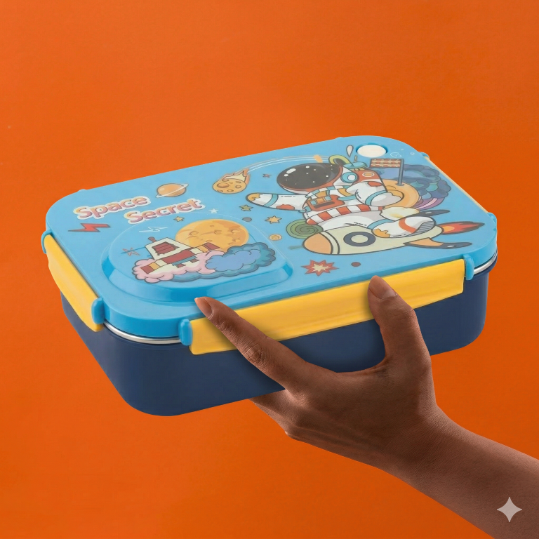 Steel Lunch Lunch Box, 750 ml with 150ml Bowl, BPA Free and Leak Proof, 3 Compartment airtight, with a Spoon & Chopsticks,Astronaut & Rocket Design, Pink, Premium Lunch Box
