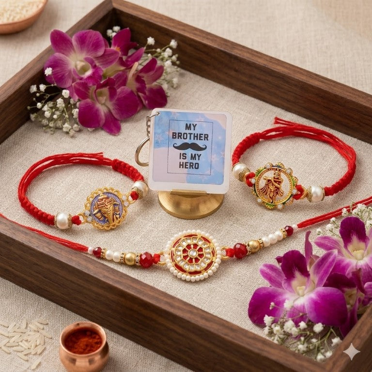 Rakhi Gift Set for Bhai with 3 Krishna Ganesha Rakhi Set, Roli Chawa, Sipra, Key Chain and chocolate box