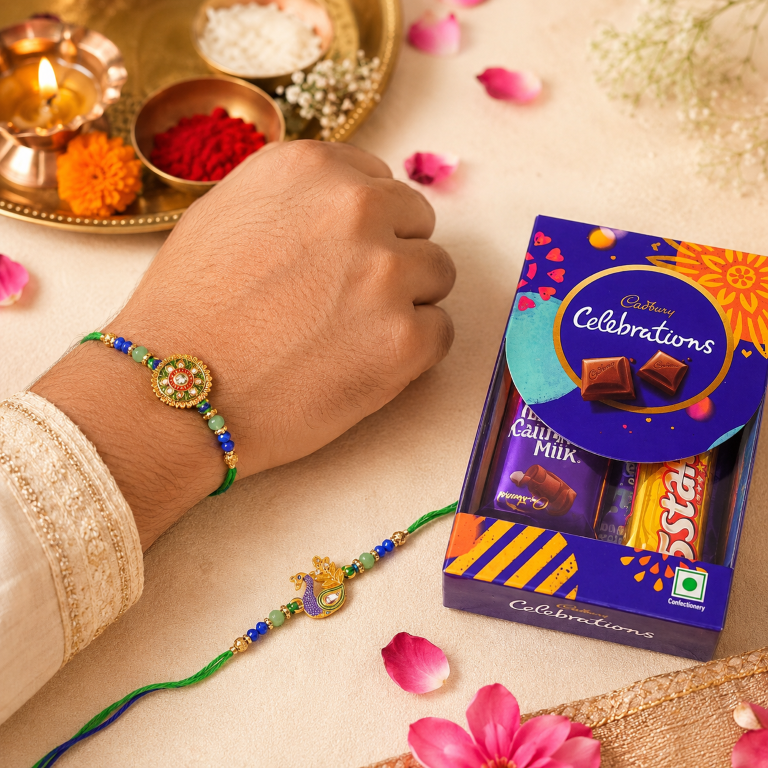 Rakhi Gift Set with 2 Mandala & Peacock Rakhi Set, Roli Chawa, Sipra, Key Chain and chocolate box