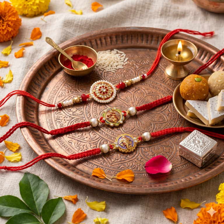 Rakhi Gift Set for Bhai with 3 Krishna Ganesha Rakhi Set, Roli Chawa, Sipra, Key Chain and chocolate box