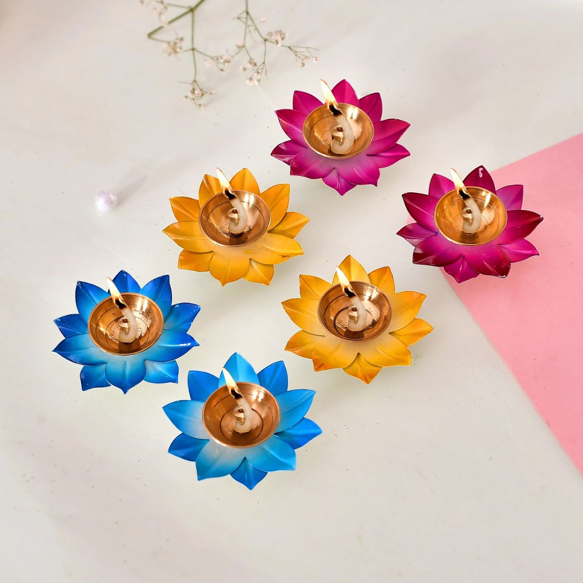 6Pc Brass Diya Lotus Oil Lamp Set