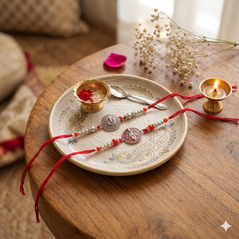 Rakhi Gift Set with 2 Divine Krishna Rakhi Set, Roli Chawa, Sipra, Key Chain and chocolate box