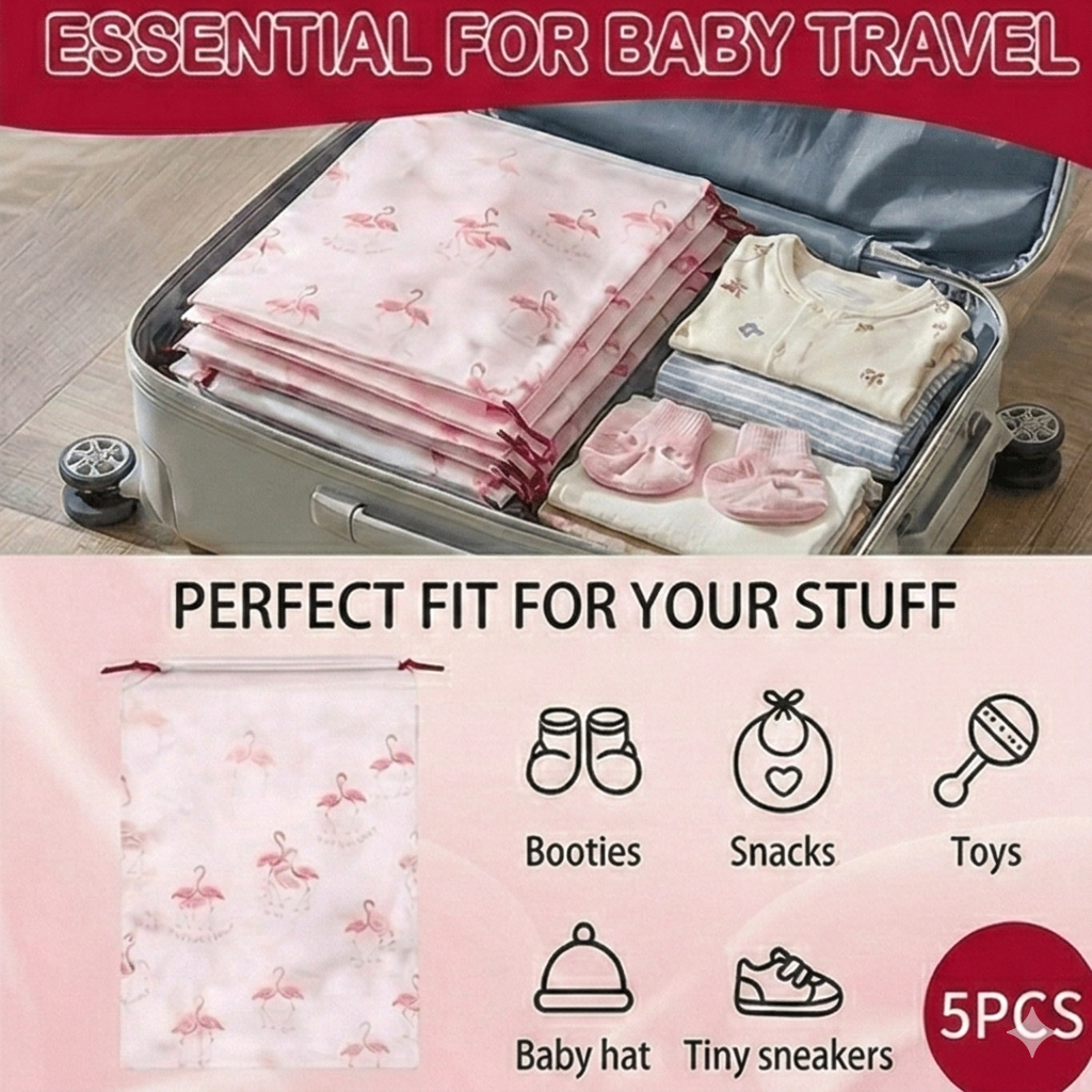 Tiny Shiny Travel Shoe Bag — Transparent Waterproof  Organizer for Travel and Gym | Pack of 5 | Green Floral