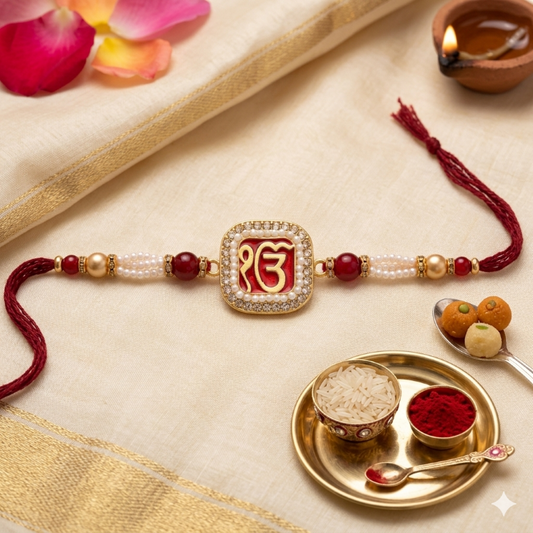 Rakhi Gift Set Brother with Ik Onkar Designer Rakhi, Roli Chawa, Sipra, Key Chain and chocolate box