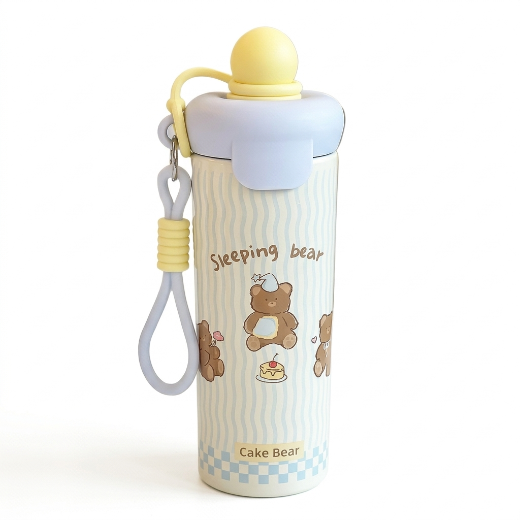 Cute Bear Stainless Steel Kids Water Bottle with Straw & Carry Strap – 500ml Leakproof Insulated Flask for School