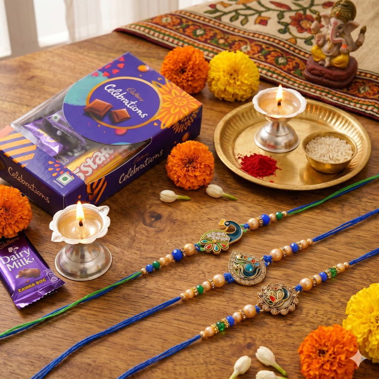Rakhi Gift Set for Bhai with 3 Royal Peacock Rakhi Trio, Roli Chawa, Sipra, Key Chain and chocolate box