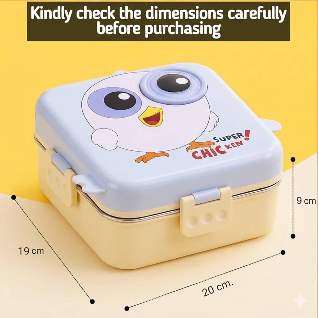 2 Layer Kids Lunch Box with Steel Inner, 3 Compartments Leak Proof Airtight BPA Free Bento Tiffin Box 1120 ML with 70 ML Sauce Cup for School Picnic Boys Girls (Lavender Chick) 1120ml + 70ml