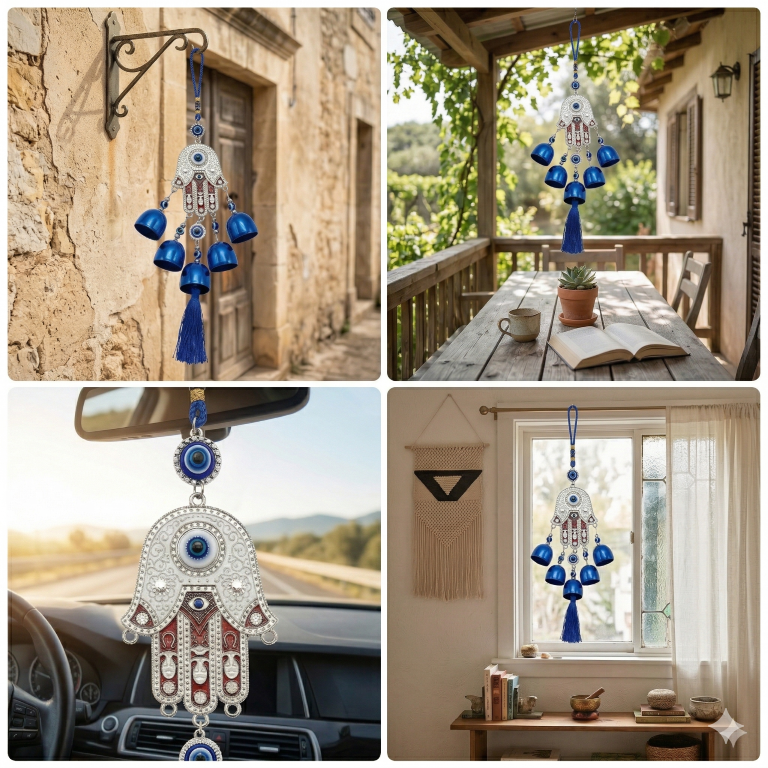 Hamsa Hand Evil Eye Wind Chimes for Good Luck Prosperity, Zodiac Success, Health Wealth Evil Eye Charm for Balcony, Home Entrance, Living Room Handcrafted Home Decor for Gift (White Red)