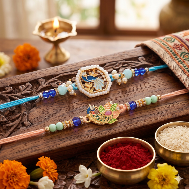 Set of 2 Bluebird & Peacock Rakhi Set for Brother, Bhai, Multicolor