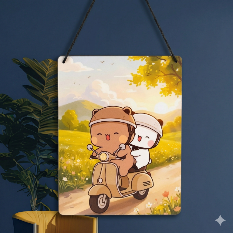 Cute Bear Couple Scooter Ride Wall Hanging | Aesthetic Room Decor