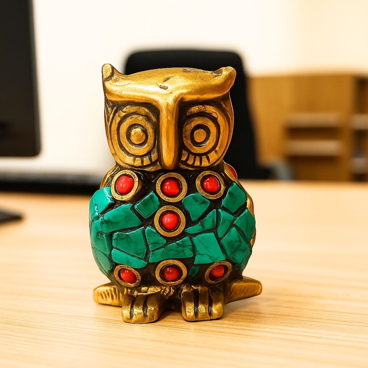 Metal Owl Statue Figurine with Colorful Stone Agarbatti Holder