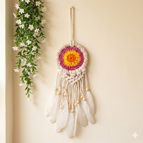 Handmade Evil Eye Dreamcatcher Wall Hanging – Blue & White Crochet Dream Catcher with Feathers & Beads – Boho Home Décor, Protection & Good Luck Charm
