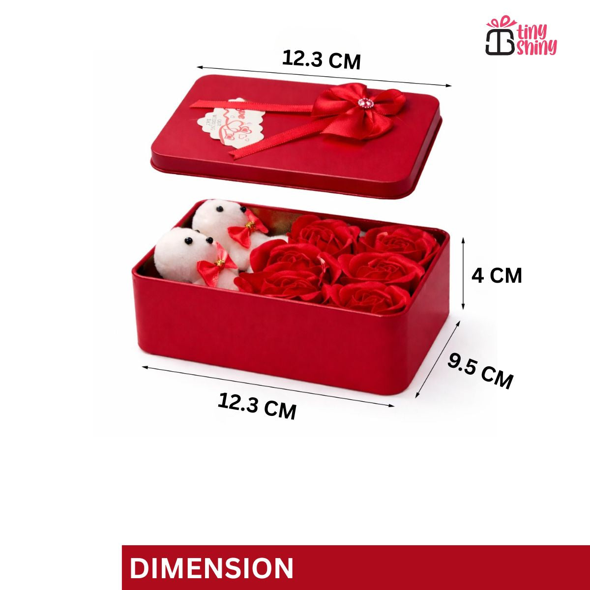 Red Square Shape Box with 6 Red Roses, 2 Teddy