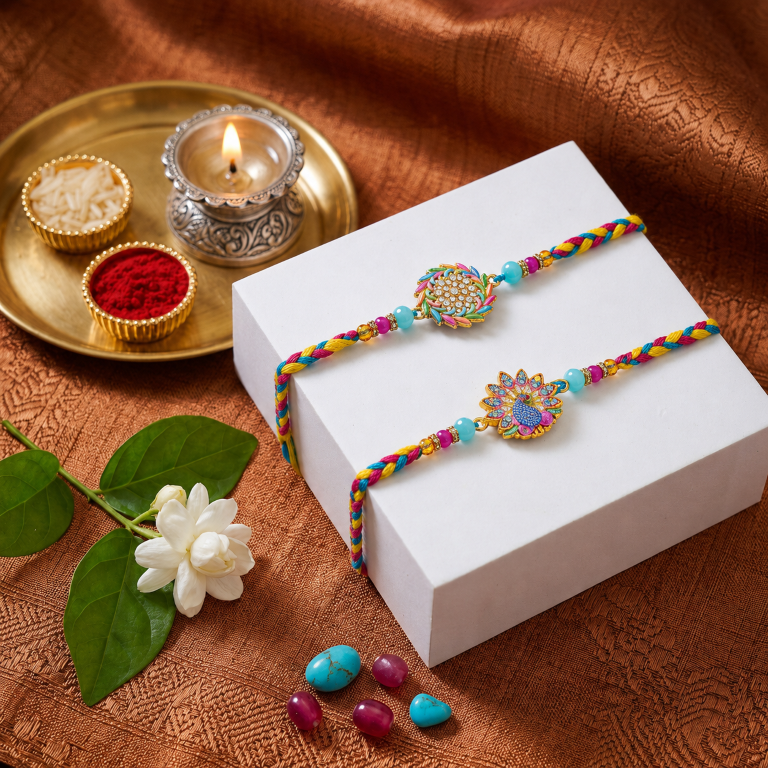 Set of 2 Multicolor Peacock Rakhi Set for Brother, Bhai, Multicolor