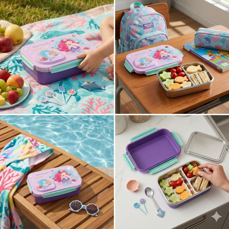 Steel Lunch Lunch Box, 750 ml with 150ml Bowl, BPA Free and Leak Proof, 3 Compartment airtight, with a Spoon & Chopsticks,Mermaid Cartoon Design, Pink, Premium Lunch Box