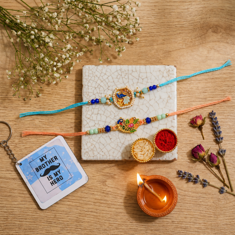 Set of 2 Bluebird & Peacock Rakhi Set for Brother, Bhai, Multicolor